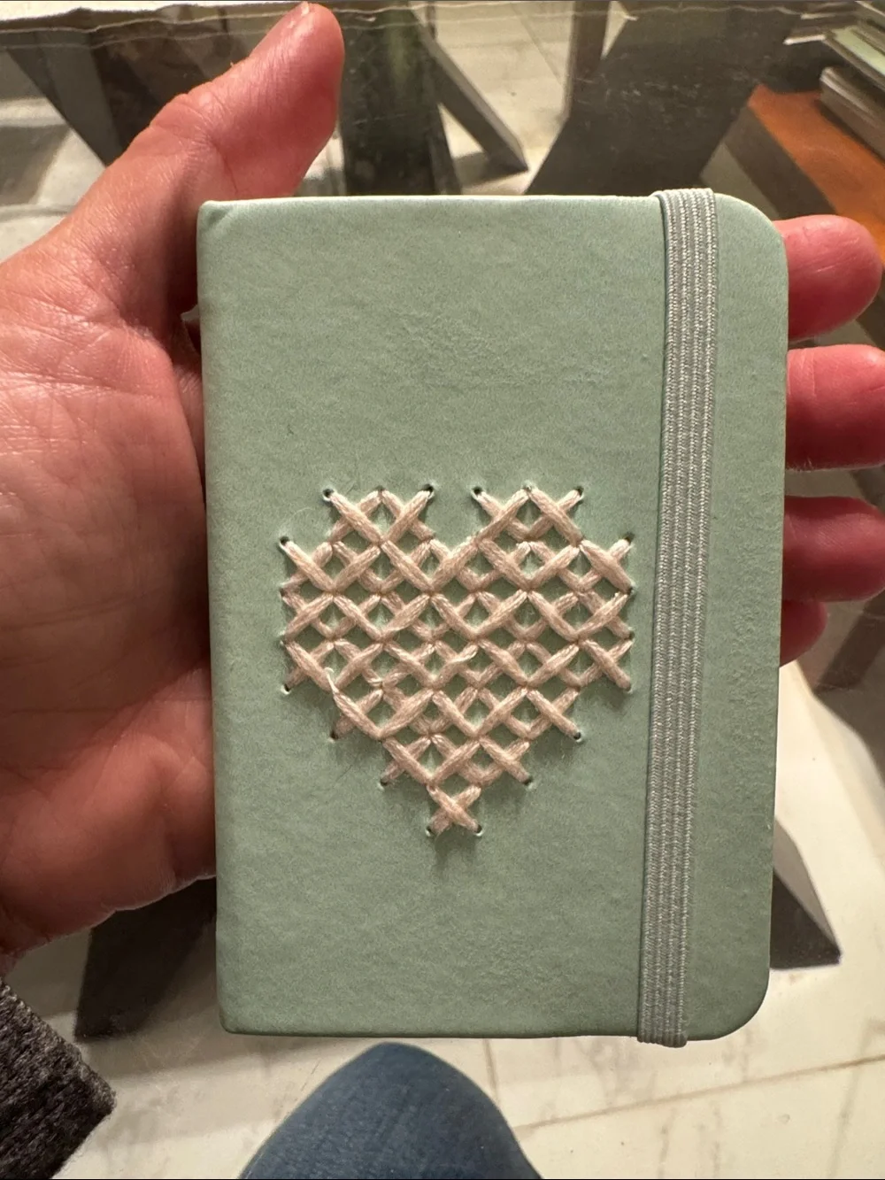 Handmade Cross Stitch Super Cute 4.5” x 3 Mint Heart Embroidered Mini Journal